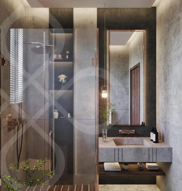 Modern bathroom design with a dark color scheme and minimalist aesthetic.