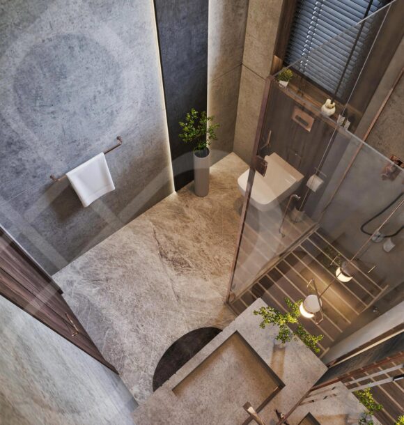 Modern bathroom design with a dark color scheme and minimalist aesthetic.