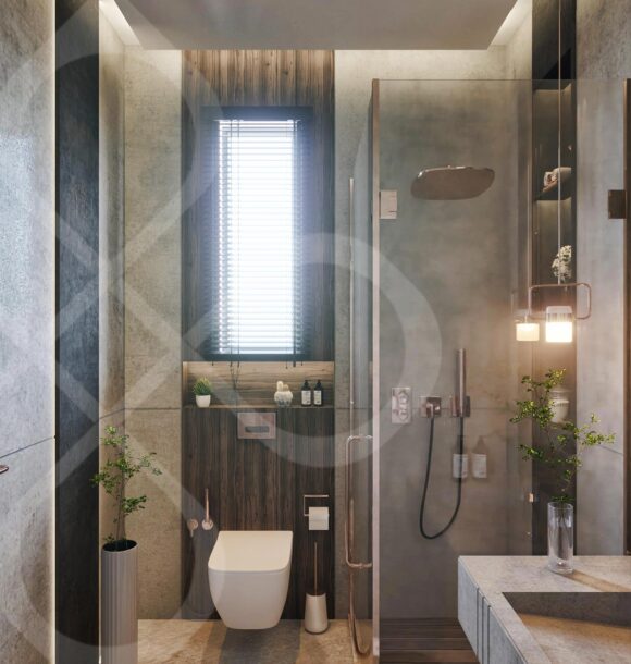 Modern bathroom design with a dark color scheme and minimalist aesthetic.