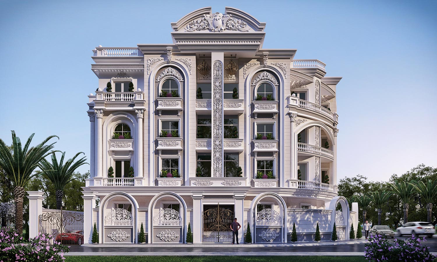 A classic, multi-story building with a symmetrical facade, featuring arched windows, ornate columns, and decorative balconies.