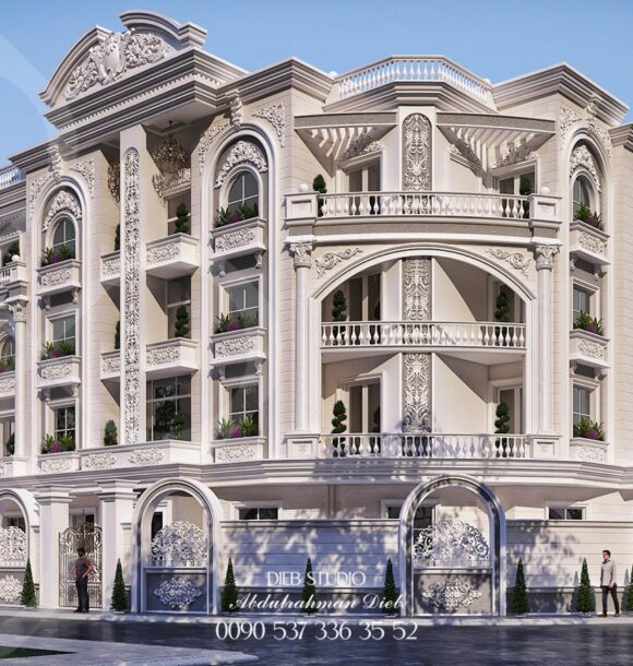 A classic, multi-story building with a symmetrical facade, featuring arched windows, ornate columns, and decorative balconies.