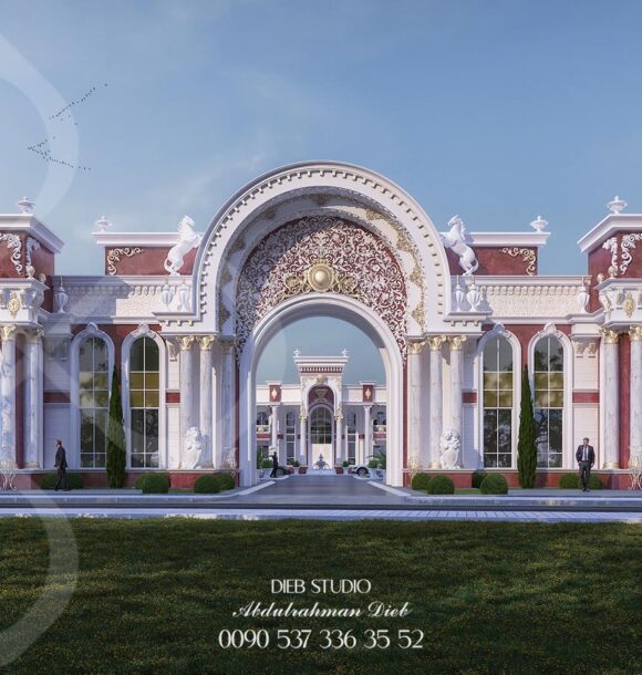 A luxurious palace entrance with a towering archway, intricate details, and a grand driveway.