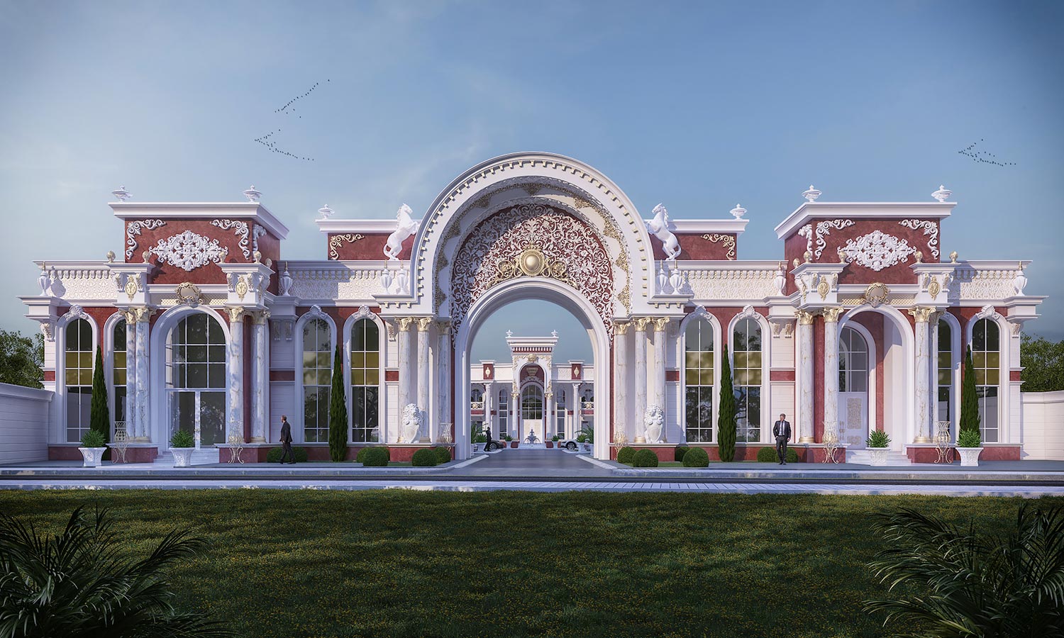 A luxurious palace entrance with a towering archway, intricate details, and a grand driveway.