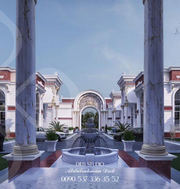 A luxurious palace entrance with a towering archway, intricate details, and a grand driveway.