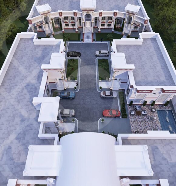 A luxurious palace entrance with a towering archway, intricate details, and a grand driveway.