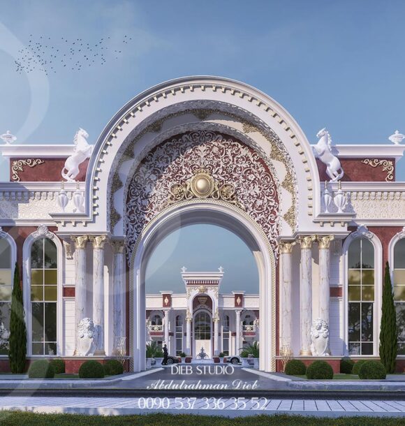 A luxurious palace entrance with a towering archway, intricate details, and a grand driveway.