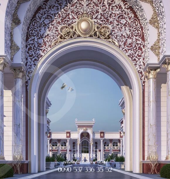 A luxurious palace entrance with a towering archway, intricate details, and a grand driveway.