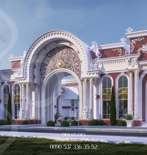 A luxurious palace entrance with a towering archway, intricate details, and a grand driveway.