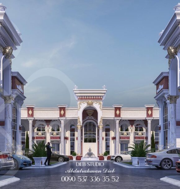 A luxurious palace entrance with a towering archway, intricate details, and a grand driveway.