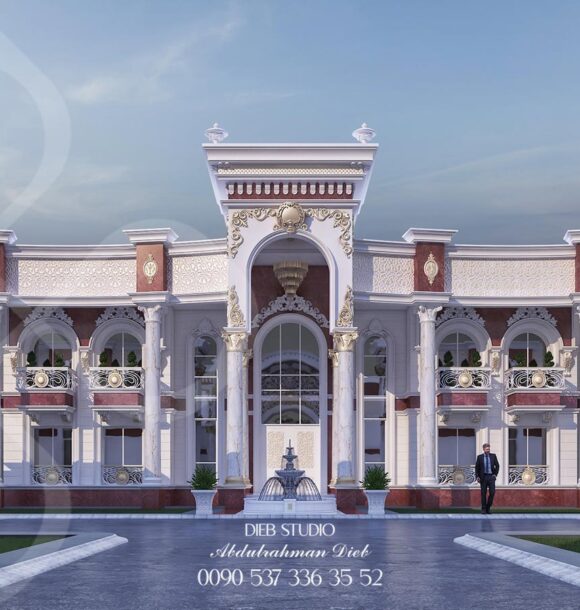 A luxurious palace entrance with a towering archway, intricate details, and a grand driveway.