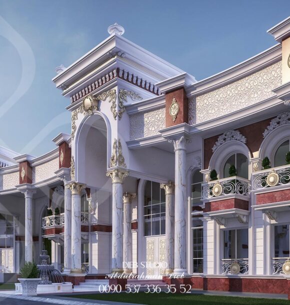 A luxurious palace entrance with a towering archway, intricate details, and a grand driveway.