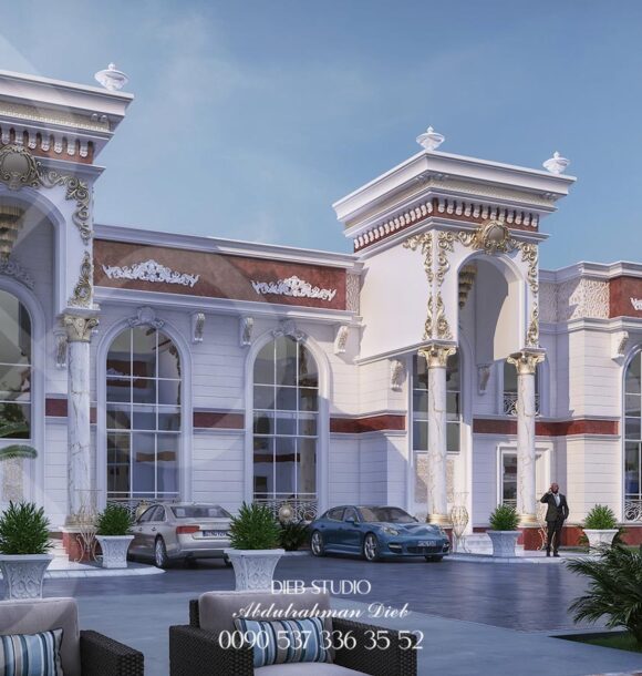 A luxurious palace entrance with a towering archway, intricate details, and a grand driveway.