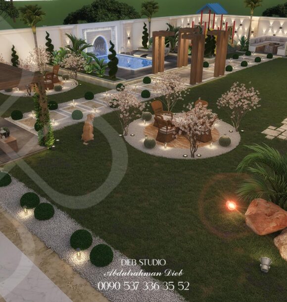 A beautiful backyard with a swimming pool, landscaping, and a playground.