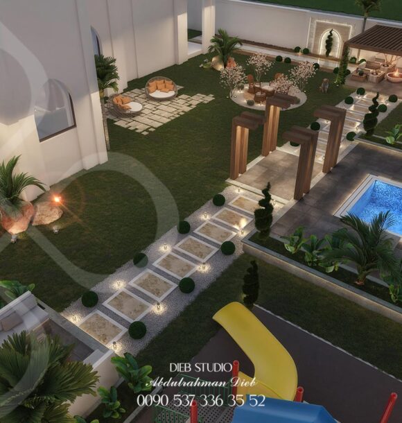 A beautiful backyard with a swimming pool, landscaping, and a playground.