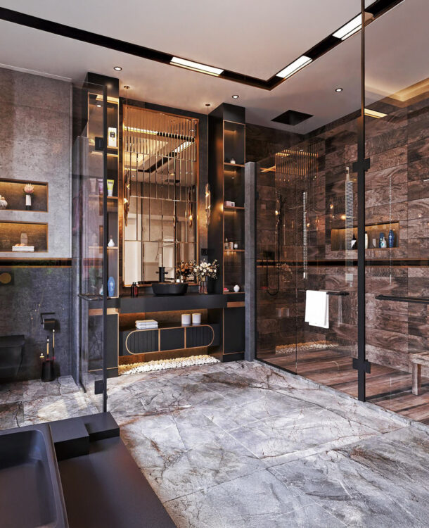 Modern bathroom design with a dark color scheme and minimalist aesthetic.