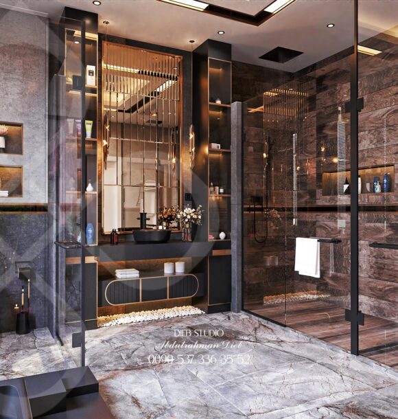 Modern bathroom design with a dark color scheme and minimalist aesthetic.