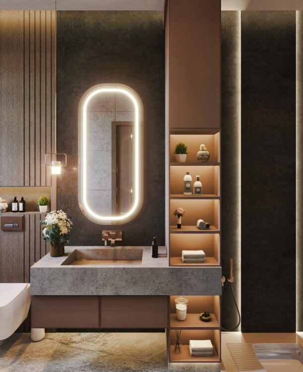 Modern bathroom design with a dark color scheme and minimalist aesthetic.