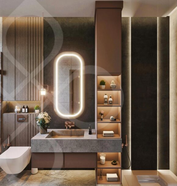 Modern bathroom design with a dark color scheme and minimalist aesthetic.