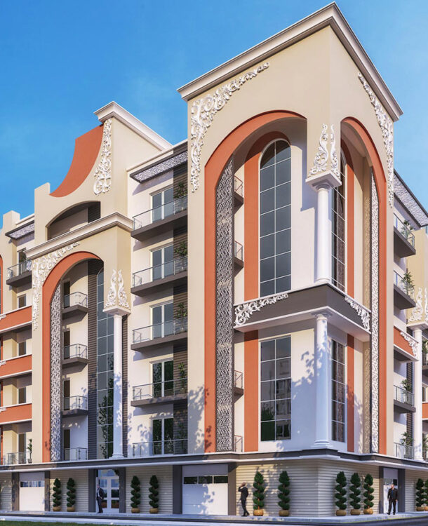 Luxury apartment building with modern architecture, featuring ornate details and balconies.