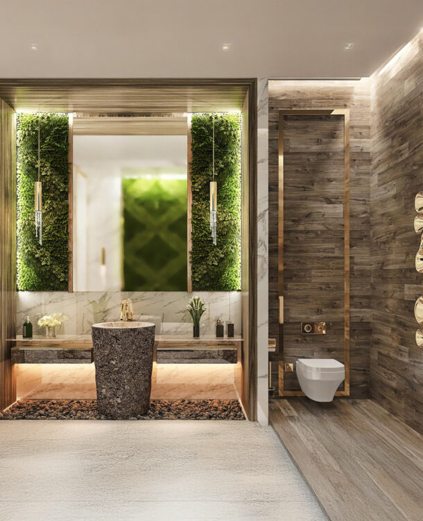 A luxurious bathroom with a natural and modern design.