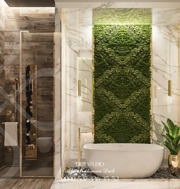 A luxurious bathroom with a natural and modern design.