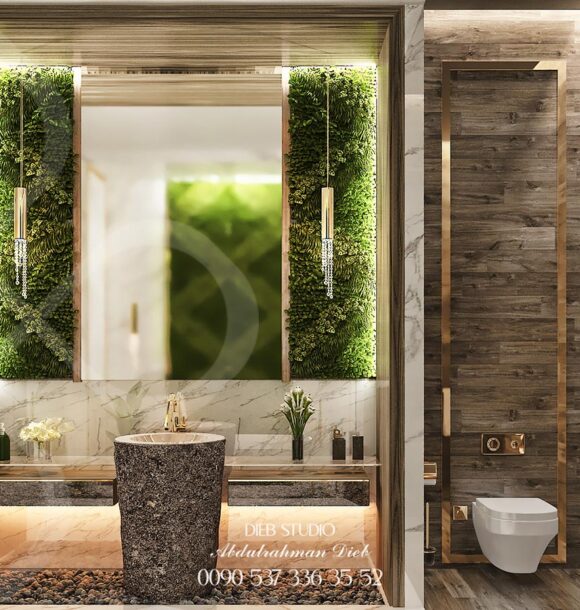 A luxurious bathroom with a natural and modern design.