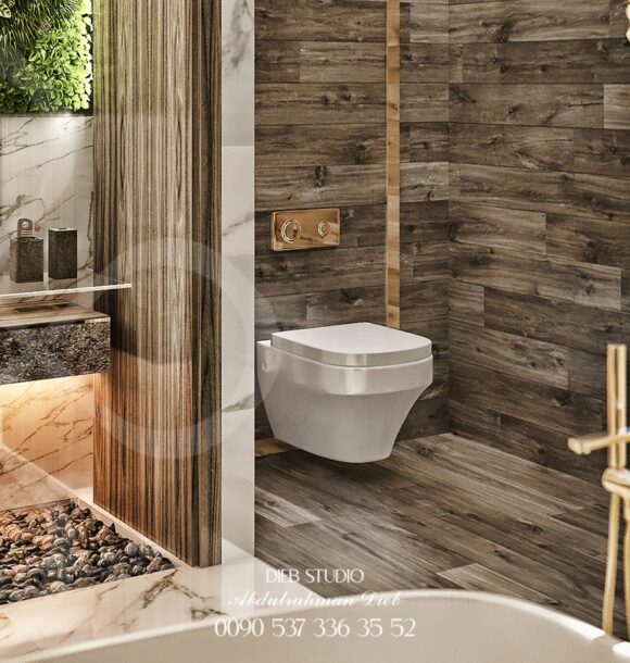 A luxurious bathroom with a natural and modern design.