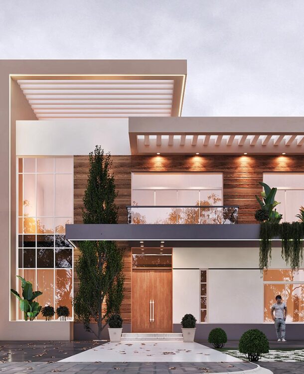 Modern villa architecture with a contemporary design and warm lighting.