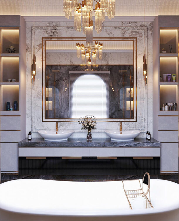 Luxury bathroom design featuring marble walls