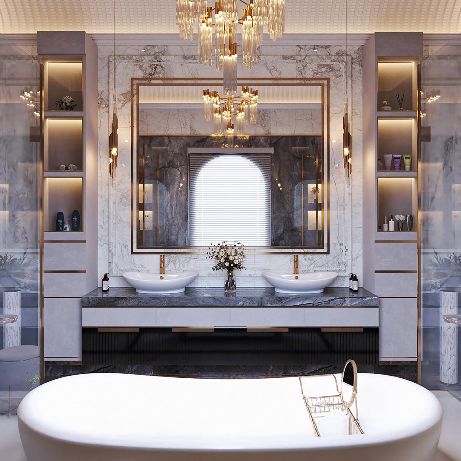 Luxury bathroom design featuring marble walls