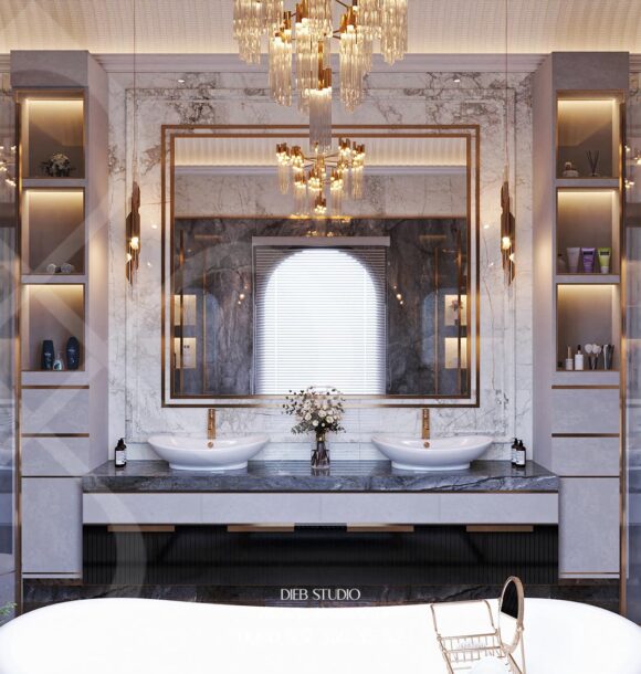 Luxury bathroom design featuring marble walls