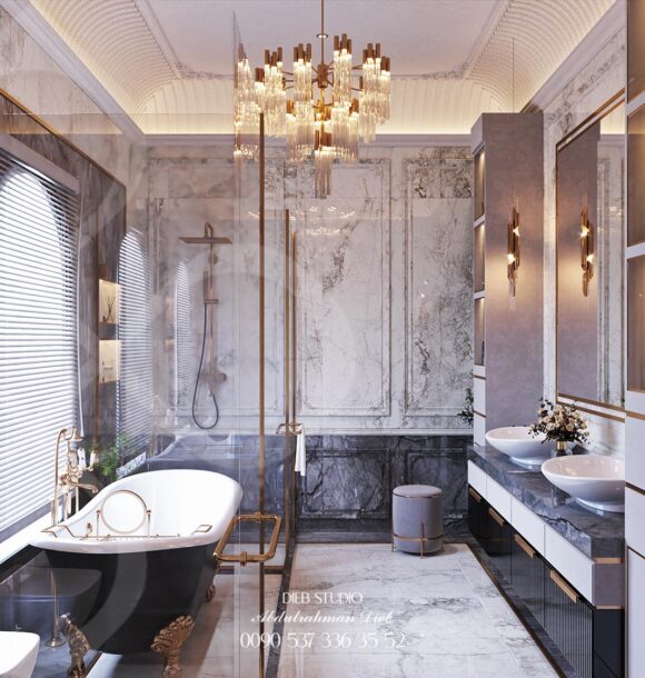 Luxury bathroom design featuring marble walls