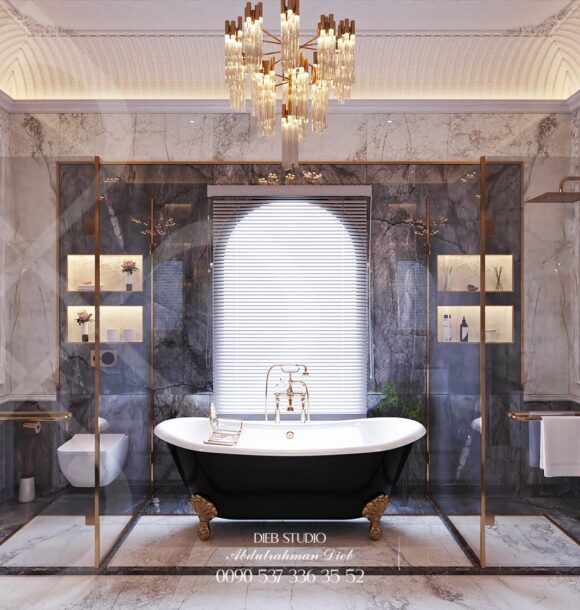 Luxury bathroom design featuring marble walls