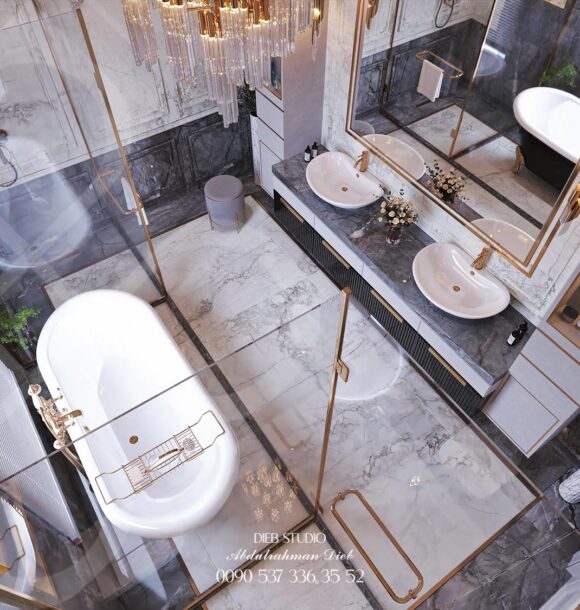 Luxury bathroom design featuring marble walls