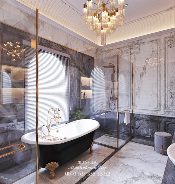 Luxury bathroom design featuring marble walls