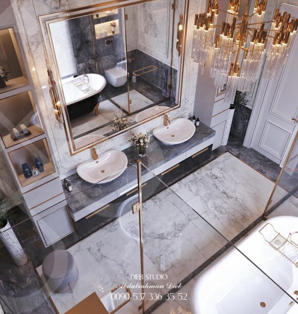 Luxury bathroom design featuring marble walls