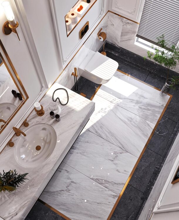 Luxury bathroom design featuring marble walls