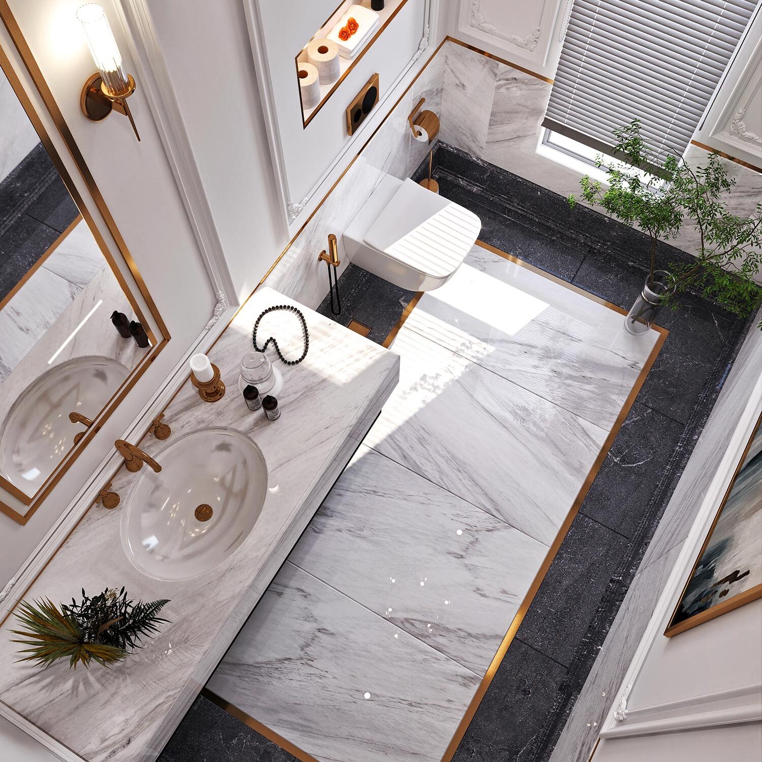 Luxury bathroom design featuring marble walls