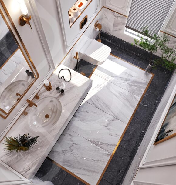 Luxury bathroom design featuring marble walls