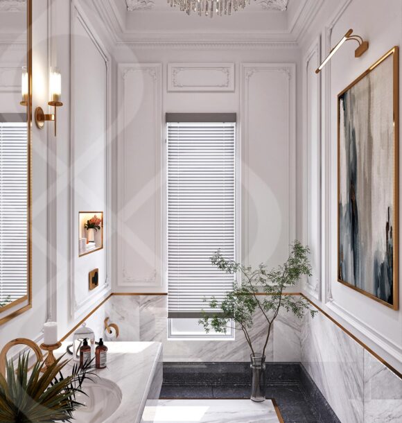 Luxury bathroom design featuring marble walls