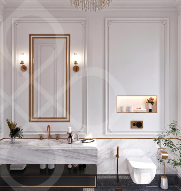 Luxury bathroom design featuring marble walls