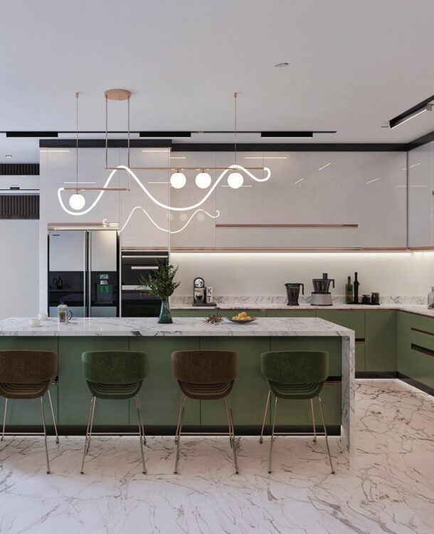 Modern kitchen design with a harmonious colors scheme and a spacious layout.