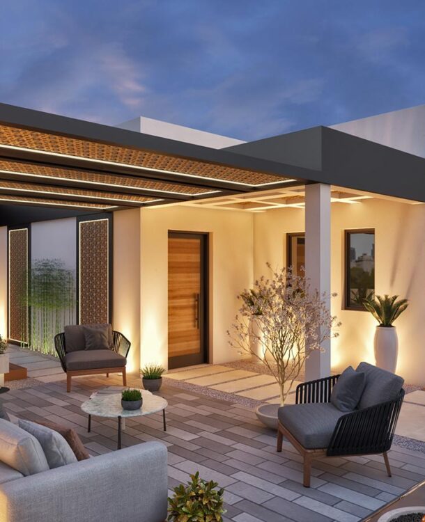 Rooftop terrace design with outdoor seating, plants, and fire pit for a relaxing outdoor living space.