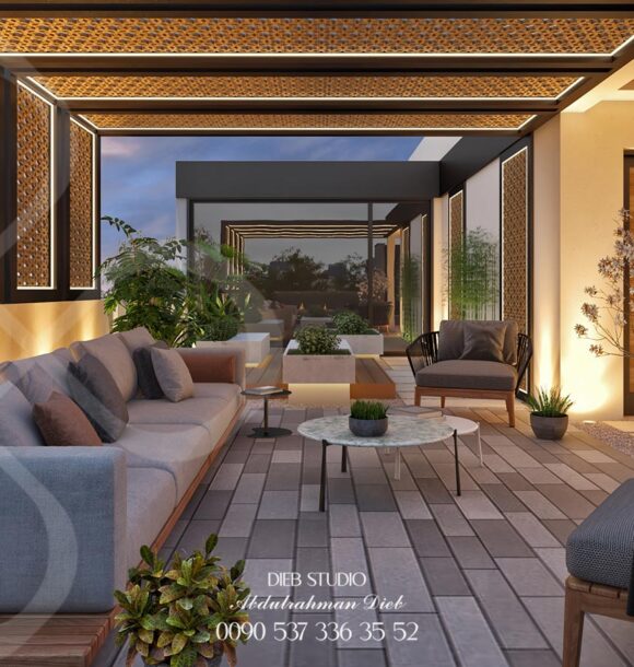 Rooftop terrace design with outdoor seating, plants, and fire pit for a relaxing outdoor living space.