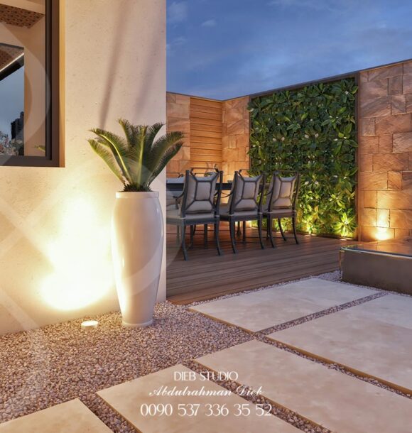 Rooftop terrace design with outdoor seating, plants, and fire pit for a relaxing outdoor living space.