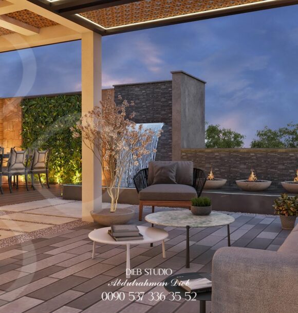 Rooftop terrace design with outdoor seating, plants, and fire pit for a relaxing outdoor living space.