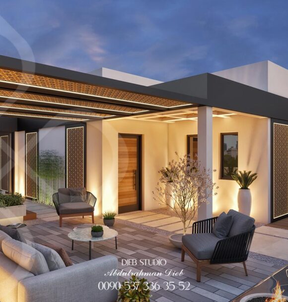 Rooftop terrace design with outdoor seating, plants, and fire pit for a relaxing outdoor living space.