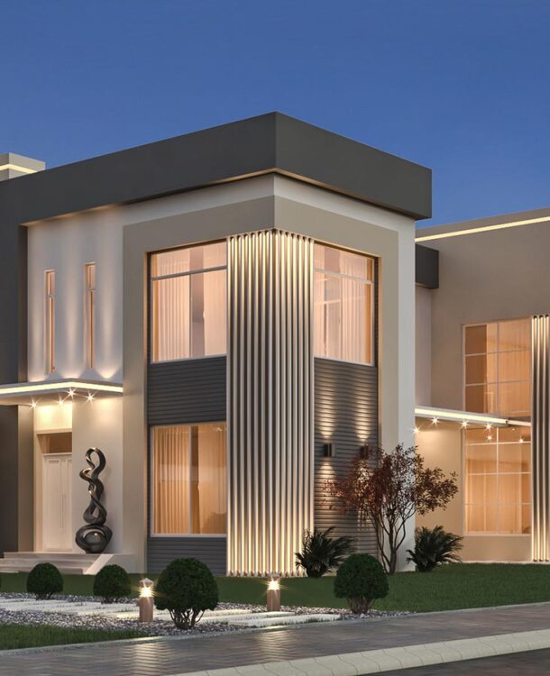 Modern luxury villa with sleek white walls, large glass windows, and dark wood accents. Features landscaped greenery, stylish lighting, and a cozy outdoor seating area. Perfect blend of elegance and comfort.