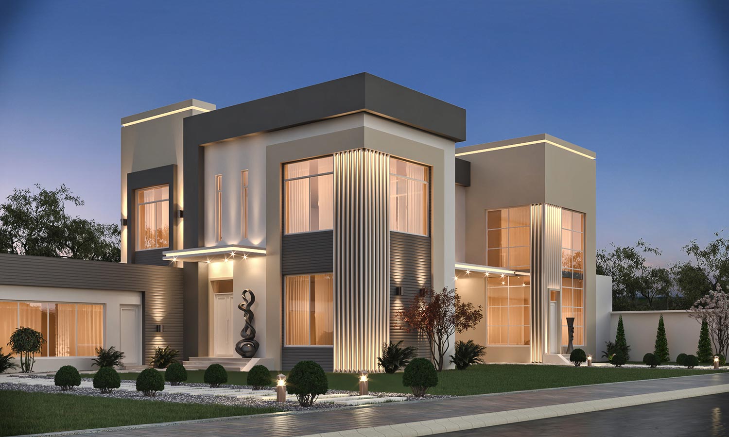 Modern luxury villa with sleek white walls, large glass windows, and dark wood accents. Features landscaped greenery, stylish lighting, and a cozy outdoor seating area. Perfect blend of elegance and comfort.