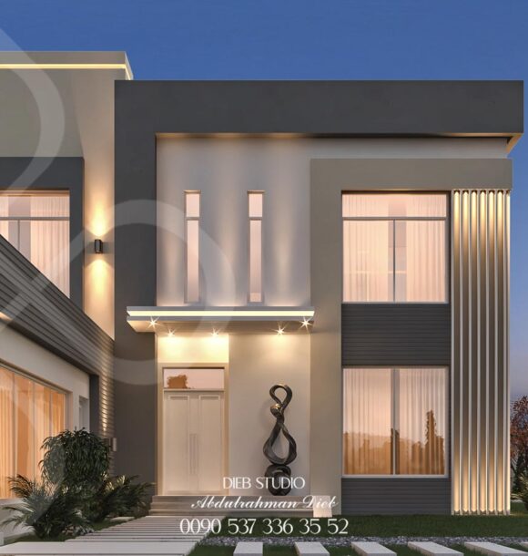 Modern luxury villa with sleek white walls, large glass windows, and dark wood accents. Features landscaped greenery, stylish lighting, and a cozy outdoor seating area. Perfect blend of elegance and comfort.